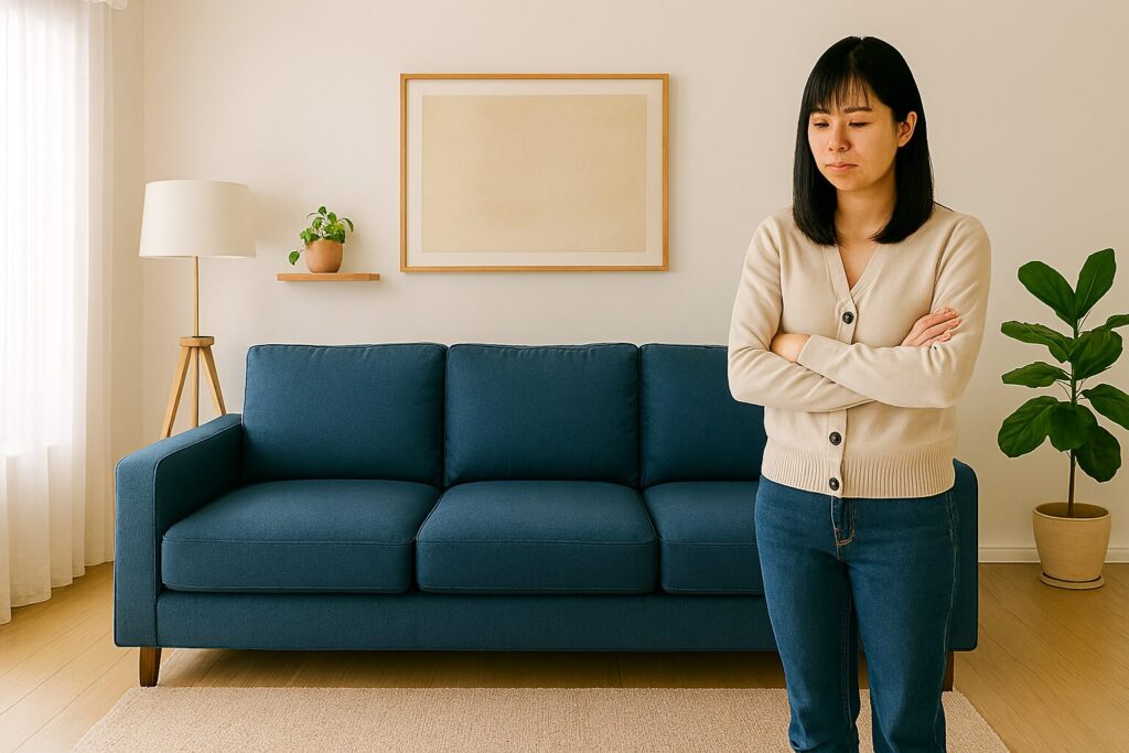 大きいソファを部屋に置いて悩んでる女性